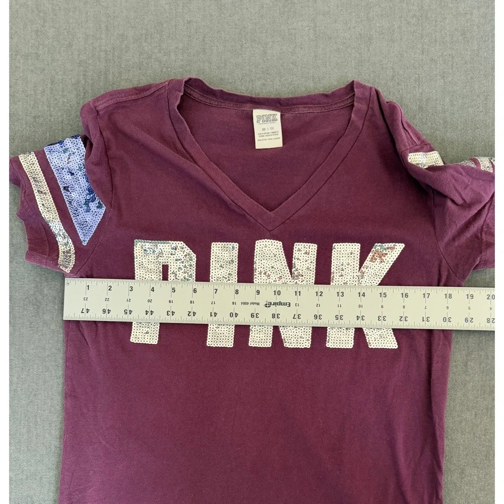 PINK Sequin Logo V Neck Tee Womens XS Burgundy Y2K Athleisure Lounge Sporty - Picture 6 of 8